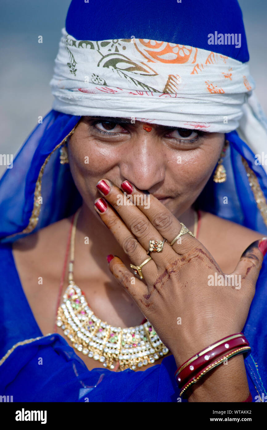 Rajasthan`s woman with traditional clothes, jewelry and adornments Stock Photo